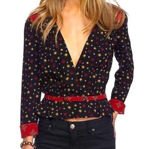 Free People Black Bohemian Floral Bolero Banded Cross Over Top Size M